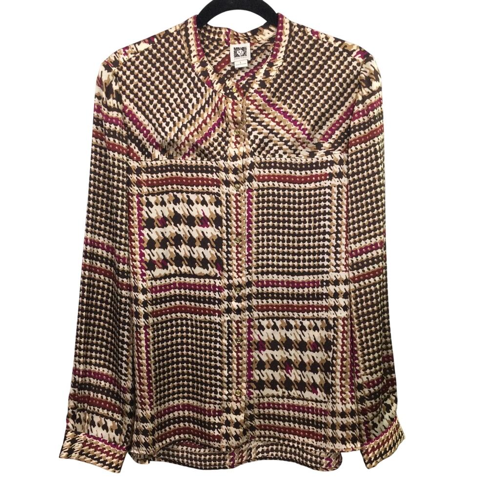 Anne Klein Geometric Round Neck Feminine Collarless Office Button Down Blouse L